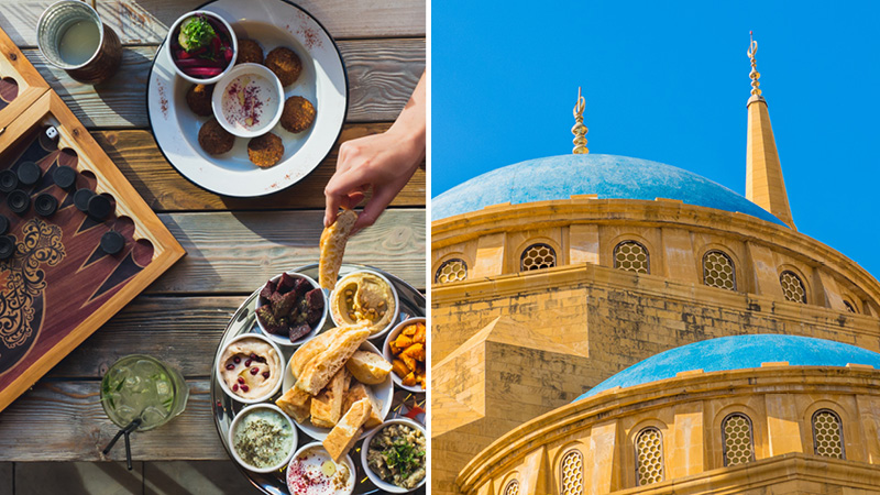 Libanesisk mat och arkitektur p en resa till Beirut i Libanon.